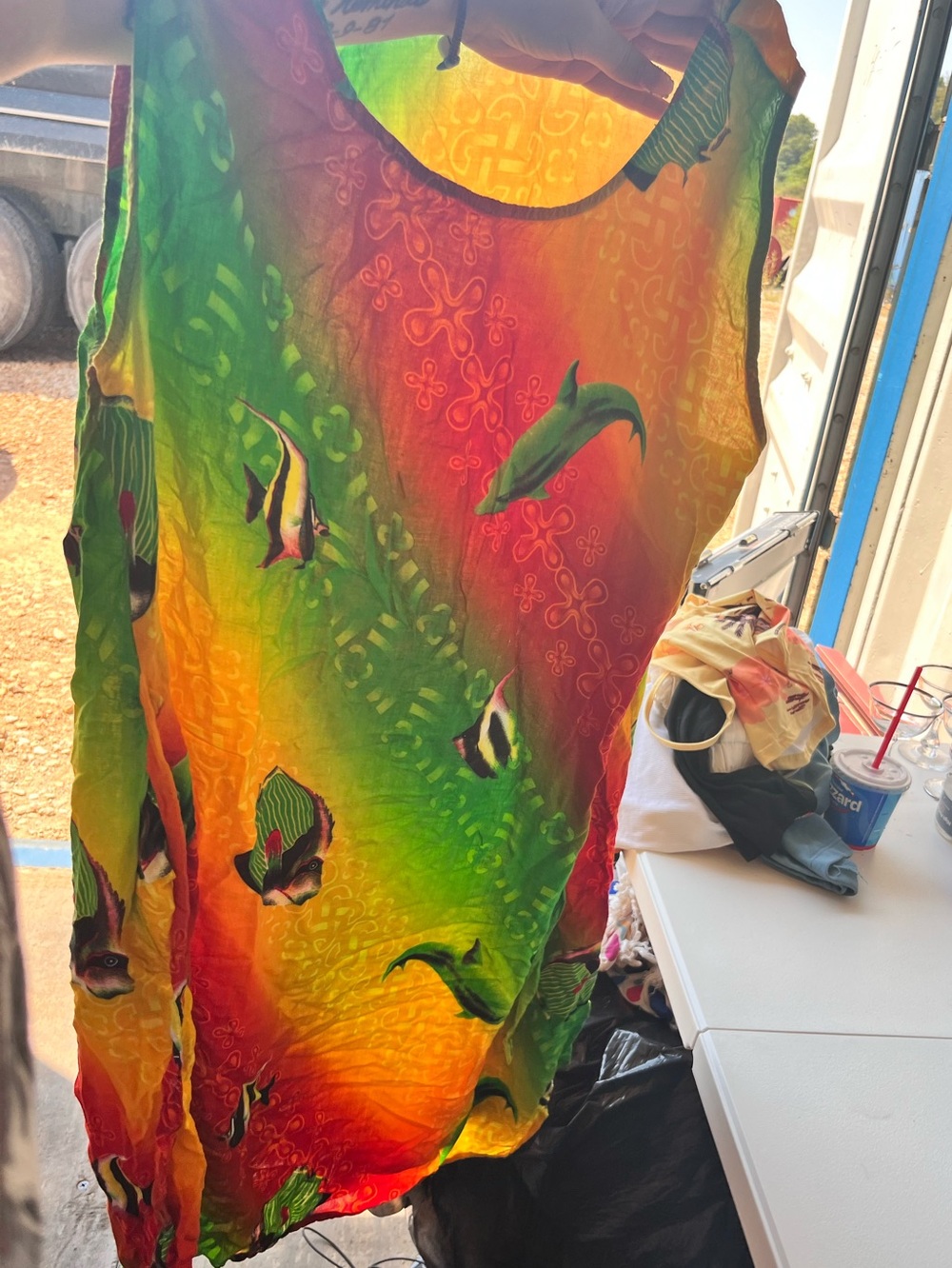 AK TROPICAL Tropical Fish Sleeveless Cover-Up in Green, Orange & Red -